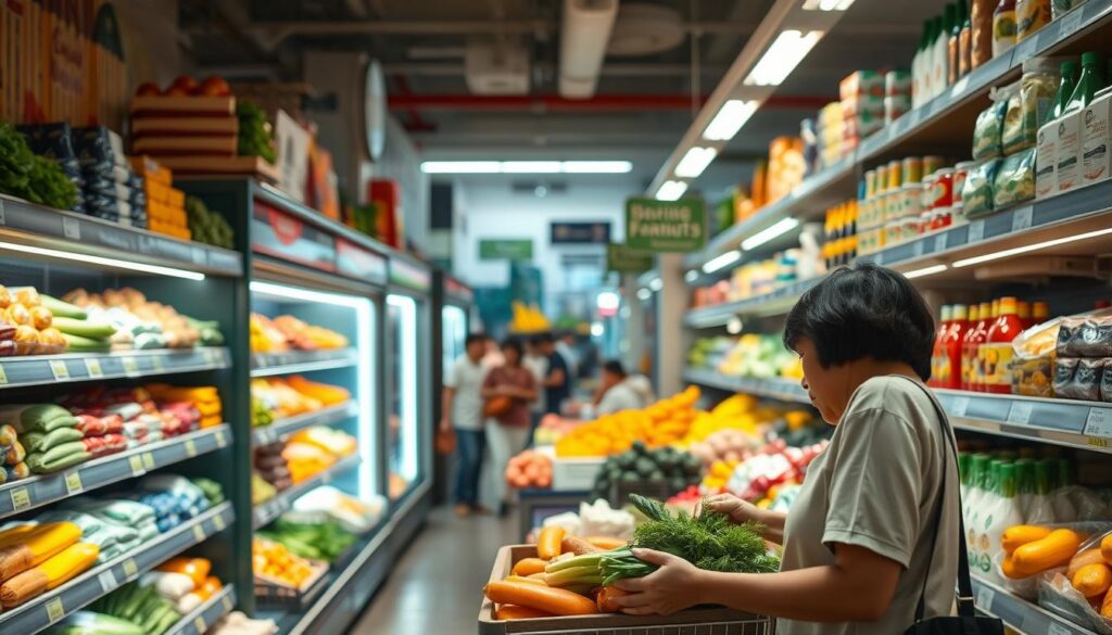 A neatly organized grocery store in the Philippines, the shelves stocked with a variety of affordable, locally-sourced produce and essentials. Soft, natural lighting illuminates the scene, casting a warm, inviting glow. In the foreground, a shopper carefully selects fresh vegetables, meticulously examining each item. The middle ground features aisle signs and displays, showcasing the store's organization and efficiency. In the background, other shoppers browse the aisles, creating a sense of a bustling, yet harmonious marketplace. The overall atmosphere conveys a mood of mindful, budget-conscious grocery shopping, reflecting the article's focus on practical money-saving tips. A neatly organized grocery store in the Philippines, the shelves stocked with a variety of affordable, locally-sourced produce and essentials. Soft, natural lighting illuminates the scene, casting a warm, inviting glow. In the foreground, a shopper carefully selects fresh vegetables, meticulously examining each item. The middle ground features aisle signs and displays, showcasing the store's organization and efficiency. In the background, other shoppers browse the aisles, creating a sense of a bustling, yet harmonious marketplace. The overall atmosphere conveys a mood of mindful, budget-conscious grocery shopping, reflecting the article's focus on practical money-saving tips.