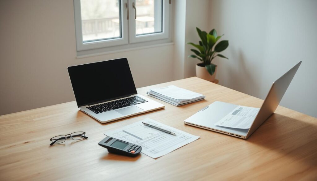 A neatly organized home office with a laptop, calculator, and financial documents on a clean, minimalist wooden desk. Soft, natural lighting from a large window highlights the serene, focused atmosphere. A potted plant and a pair of eyeglasses add touches of warmth. In the background, a simple, light-colored wall creates a calming, uncluttered setting, ideal for financial planning and preparation.