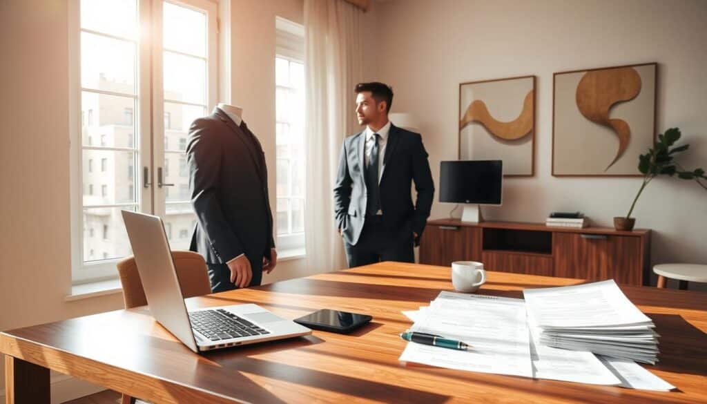 A neatly organized home office with a large wooden desk, a modern laptop, and a stack of financial documents. A smartly dressed person stands next to the desk, contemplating their financial plans. The room is bathed in warm, natural light filtering through a large window, creating a calming and focused atmosphere. On the desk, a calculator, a pen, and a cup of coffee suggest a diligent financial planning session. The walls are adorned with minimal, abstract artwork, reflecting the precision and discipline of the financial world. The overall scene conveys a sense of thoughtful financial management and preparedness for life's important events.