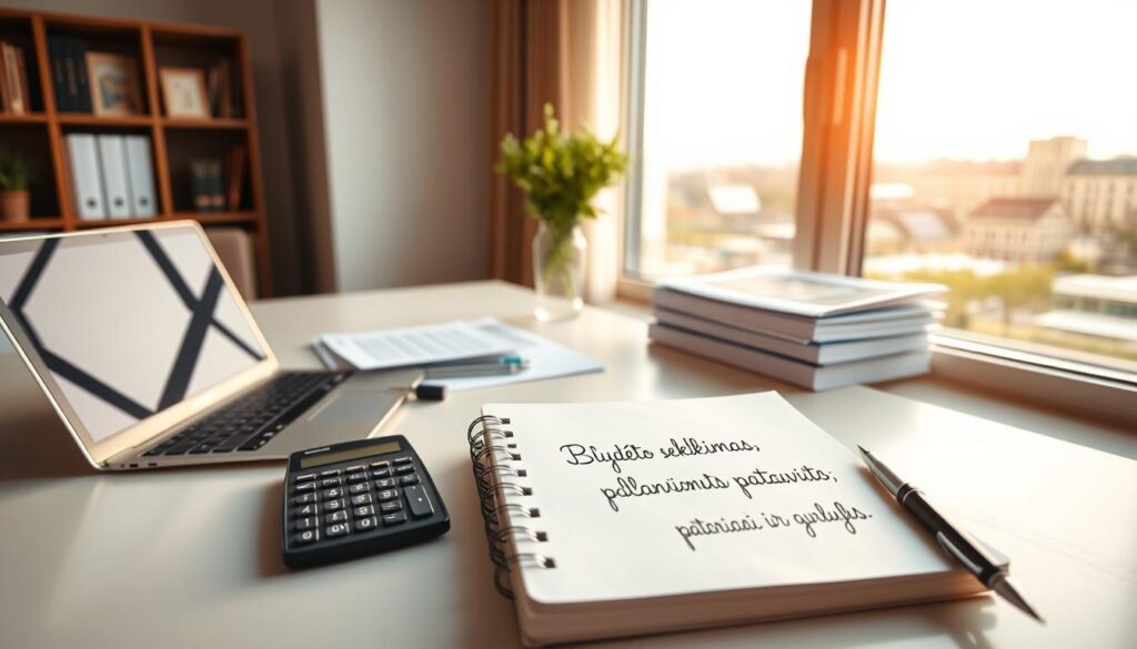 A neatly organized home office with a modern, minimalist desk, a laptop, and a stack of financial documents. The background features a large window overlooking a cityscape, providing natural lighting that casts a warm, productive glow. On the desk, a pen, a calculator, and a notebook with the phrase "išlaidų sekimas" handwritten in elegant calligraphy. The overall atmosphere conveys a sense of diligent financial planning and control, reflecting the "Biudžeto sudarymo patarimai" section of the article "Finansinis planavimas: patarimai ir gudrybės."