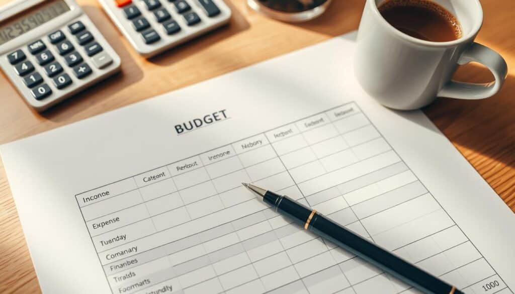 A neatly organized monthly budget spreadsheet on a wooden desk, with a pen, calculator, and a mug of coffee. The spreadsheet has columns for income, various expense categories, and a running total. Soft, natural lighting illuminates the scene, creating a warm, focused atmosphere. The overall composition emphasizes the importance of careful financial planning and personal money management.