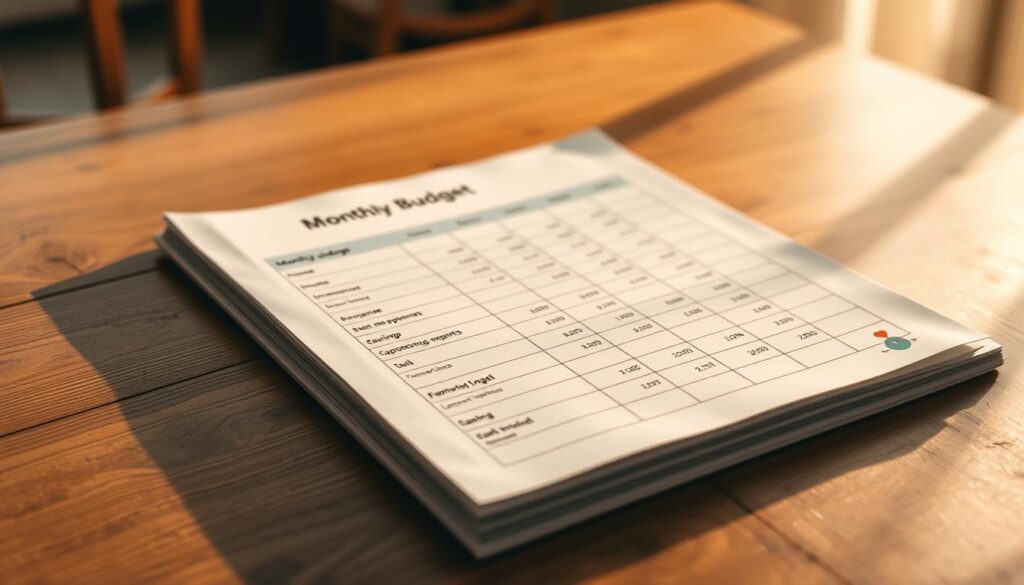 A neatly organized monthly budget spreadsheet on a wooden table, illuminated by warm, natural lighting. The layout features clear sections for income, expenses, and savings, with well-designed icons and minimal text. The overall aesthetic conveys a sense of financial control, organization, and attainable goals. The background blurs gently, allowing the budget details to be the focal point, inviting the viewer to engage with the visual representation of a realistic monthly budget.