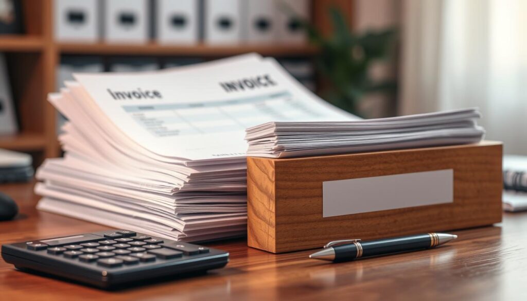 A neatly organized office desk with a stack of invoices, a calculator, and a pen. The documents are carefully sorted and filed in a wooden archive box, symbolizing the efficient management of financial records. The lighting is soft and warm, creating a sense of order and attention to detail. The background is blurred, allowing the desk and its contents to be the focal point. The overall mood is one of diligence, organization, and financial responsibility, reflecting the importance of taking proactive measures to avoid tax mistakes.
