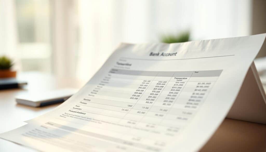 A neatly organized personal bank account statement, its pages displaying a clear breakdown of transactions, balances, and other financial details. The document is positioned in the foreground, its edges softly illuminated by a warm, natural light filtering in from the side. The background is blurred, suggesting a serene, minimalist office space or home environment, allowing the account statement to take center stage. The overall composition conveys a sense of financial organization, clarity, and control - key elements for personal financial success.