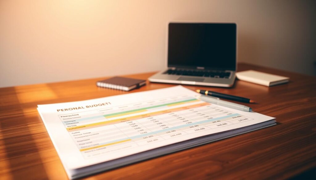 A neatly organized personal budget on a wooden desk, illuminated by warm, natural lighting. In the foreground, colorful expense categories are displayed in a clean, minimalist layout, with carefully calculated figures. In the middle ground, a laptop and a pen rest beside the budget, symbolizing the interactive process of financial planning. The background features a simple, uncluttered wall, creating a sense of focus and clarity. The overall atmosphere conveys a sense of diligence, control, and a path towards long-term financial security.