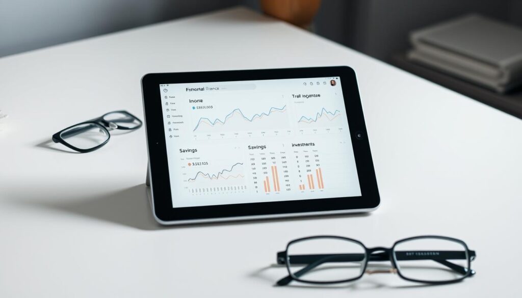 A neatly organized personal finance dashboard displayed on a sleek, minimalist tablet device. The screen shows line graphs tracking income, expenses, savings, and investments over time, with intuitive data visualizations. The tablet is positioned on a clean, uncluttered desk, with a few carefully placed office supplies like a pen, notepad, and reading glasses to suggest a productive, analytical setting. Soft, indirect lighting creates a calm, focused atmosphere, emphasizing the importance of understanding one's financial foundations. The overall scene conveys a sense of control, clarity, and financial literacy.