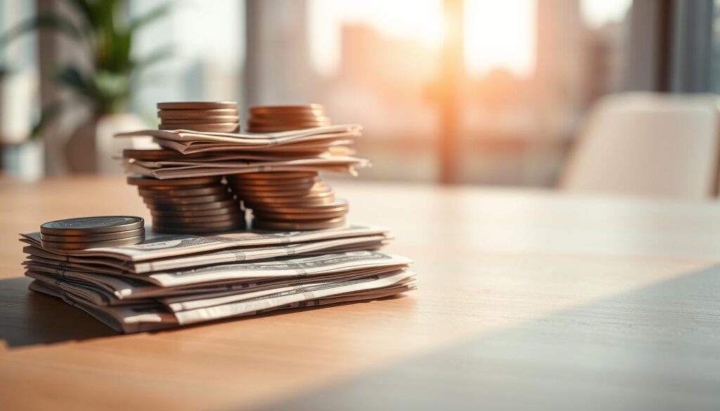 A neatly organized stack of various currencies, from coins to bills, arranged on a clean, minimalist wooden surface. Warm, natural lighting casts a soft glow, highlighting the textural details of the money. In the foreground, a few crisp, freshly-printed banknotes stand out, conveying a sense of security and financial preparedness. In the background, a blurred cityscape or office setting suggests the broader context of personal finance and savings. The overall composition exudes a calming, organized atmosphere, reflecting the importance of emergency funds and disciplined financial planning.