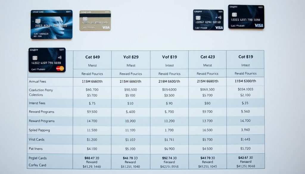 A neatly organized table displaying credit cards from various banks, their key features, and comparative metrics such as annual fees, interest rates, and reward programs. The cards are arranged in a clean, minimalist layout with crisp, high-quality product images. The background is softly lit, creating a professional, informative atmosphere. The overall composition guides the viewer's eye across the comparative data, facilitating an analytical evaluation of the credit card options. Technical details like lighting and angles enhance the clarity and legibility of the information presented, empowering the reader to make an informed decision.