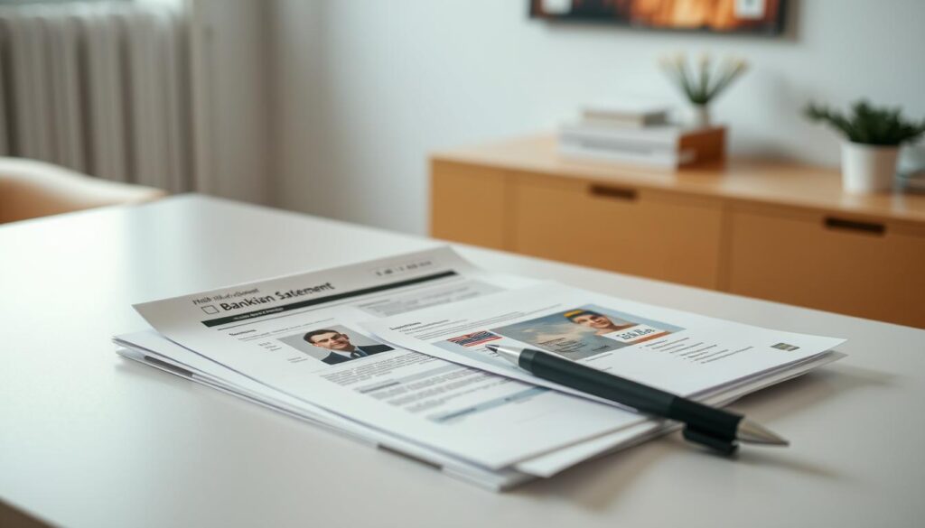 A neatly organized table of essential documents, including a Lithuanian bank statement, ID card, utility bill, and other official paperwork, against a subtly blurred backdrop of a modern office desk with a minimalist aesthetic. The lighting is soft and even, creating a sense of professionalism and attention to detail. The composition is balanced, with the documents arranged in a visually appealing manner, conveying the importance and preparation required for the banking transaction.