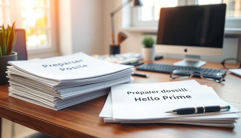 A neatly organized workspace with a desk, a computer, and a stack of documents labeled "Préparer dossier Hello Prime". Soft natural lighting filters through a window, casting a warm glow. The documents are meticulously arranged, suggesting a well-planned and deliberate process. A pen and a pair of reading glasses rest nearby, ready for the task at hand. The atmosphere is one of focused efficiency, hinting at the importance of this specific task within the broader context of the "Demandez votre carte Hello Prime facilement" article.