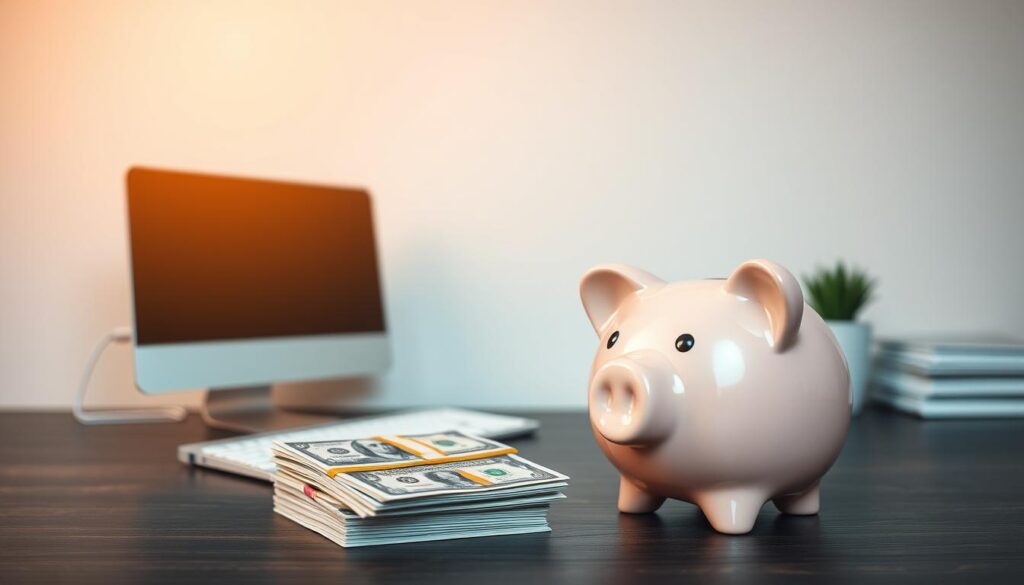 A neatly organized workspace with a modern desktop computer, a stack of crisp dollar bills, and a piggy bank prominently displayed. Warm, focused lighting illuminates the scene, capturing the disciplined and intentional nature of regular saving. A clean, minimalist background emphasizes the importance of financial security, while the piggy bank symbolizes the gradual accumulation of wealth through consistent, responsible saving habits. The overall composition conveys a sense of control, determination, and a thoughtful approach to personal finance. A neatly organized workspace with a modern desktop computer, a stack of crisp dollar bills, and a piggy bank prominently displayed. Warm, focused lighting illuminates the scene, capturing the disciplined and intentional nature of regular saving. A clean, minimalist background emphasizes the importance of financial security, while the piggy bank symbolizes the gradual accumulation of wealth through consistent, responsible saving habits. The overall composition conveys a sense of control, determination, and a thoughtful approach to personal finance.