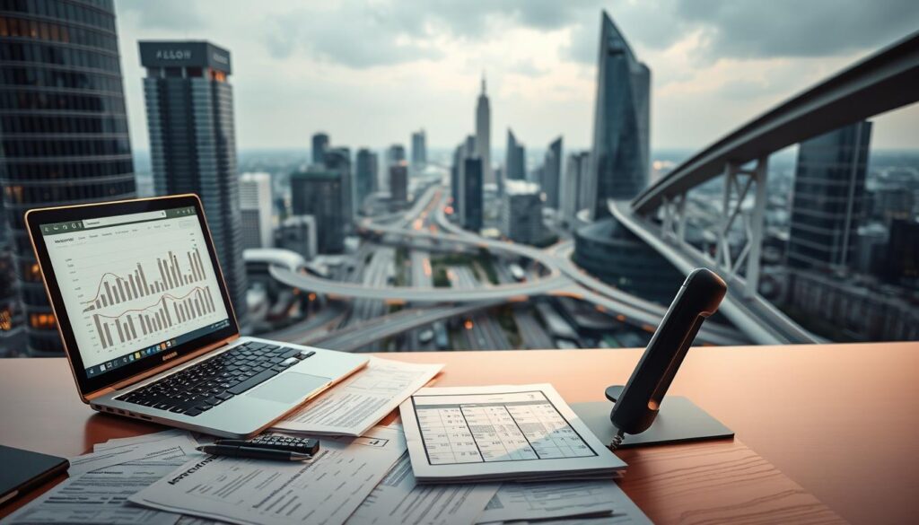 A panoramic view of a bustling international business district, with sleek high-rise office buildings and criss-crossing highways in the background. In the foreground, a desk with various financial documents, a laptop displaying complex tax calculations, and a phone ringing as a business executive navigates the intricacies of cross-border operations. The scene is illuminated by warm, diffused lighting, evoking a sense of productivity and global interconnectedness. The overall atmosphere conveys the challenges and opportunities inherent in managing international tax compliance for a thriving enterprise.