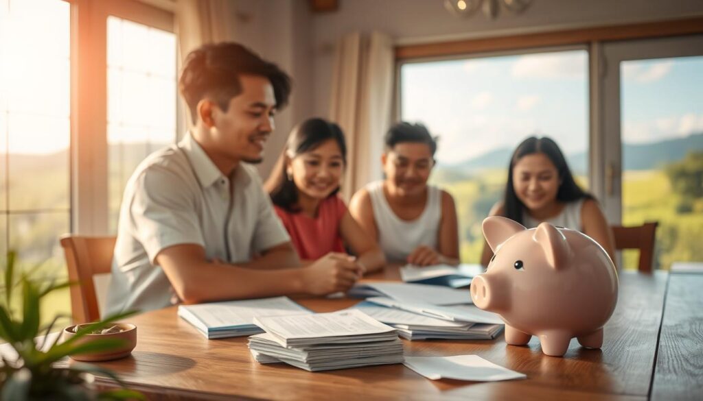 A peaceful Filipino household with a focus on financial preparedness. In the foreground, a family gathered around a wooden table, discussing budgeting and savings strategies. Soft, warm lighting illuminates their faces, conveying a sense of calm and security. In the middle ground, a piggy bank and various financial documents symbolize the importance of an emergency fund. The background depicts a serene Philippine landscape, with lush greenery and a clear, blue sky, representing the tranquility that financial stability can bring. The overall atmosphere is one of thoughtful planning, financial responsibility, and a deep appreciation for the well-being of the family. A peaceful Filipino household with a focus on financial preparedness. In the foreground, a family gathered around a wooden table, discussing budgeting and savings strategies. Soft, warm lighting illuminates their faces, conveying a sense of calm and security. In the middle ground, a piggy bank and various financial documents symbolize the importance of an emergency fund. The background depicts a serene Philippine landscape, with lush greenery and a clear, blue sky, representing the tranquility that financial stability can bring. The overall atmosphere is one of thoughtful planning, financial responsibility, and a deep appreciation for the well-being of the family.