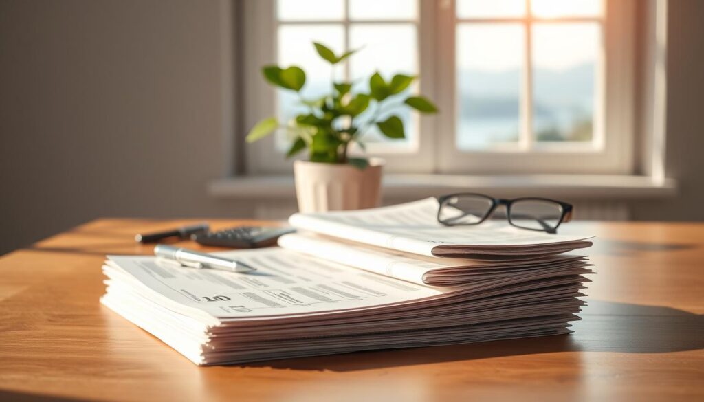 A peaceful, minimalist scene depicting the core elements of personal finance. In the foreground, a stack of crisp, neatly organized bank statements and financial documents sits on a clean, wooden table. Behind them, a calculator, a pen, and a pair of eyeglasses suggest the thoughtful analysis of one's financial standing. The middle ground features a potted plant, symbolizing the growth and stability of a well-managed personal finance strategy. In the background, a softly blurred window overlooking a serene, natural landscape conveys a sense of balance and tranquility. The overall composition is lit by warm, natural lighting, creating a calming, reflective atmosphere.
