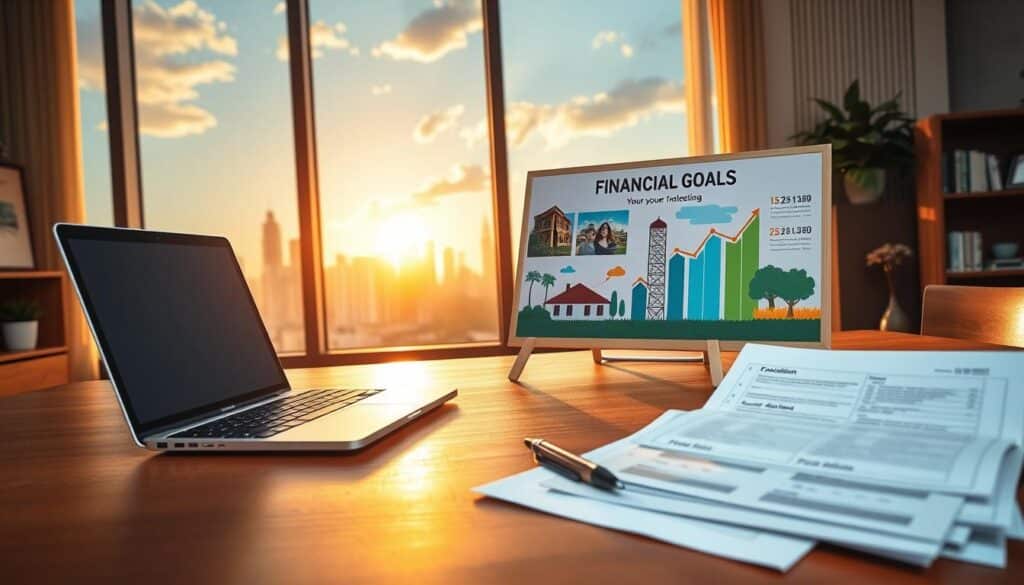 A peaceful office scene featuring a large wooden desk with a laptop, pen, and a stack of financial documents. In the background, a view of a vibrant city skyline with skyscrapers and palm trees, bathed in warm, golden lighting. On the desk, a vision board showcases images of a comfortable home, a happy family, and financial milestones, representing the financial goals of a Filipino professional. The overall atmosphere conveys a sense of focus, determination, and a desire to achieve financial security and prosperity.