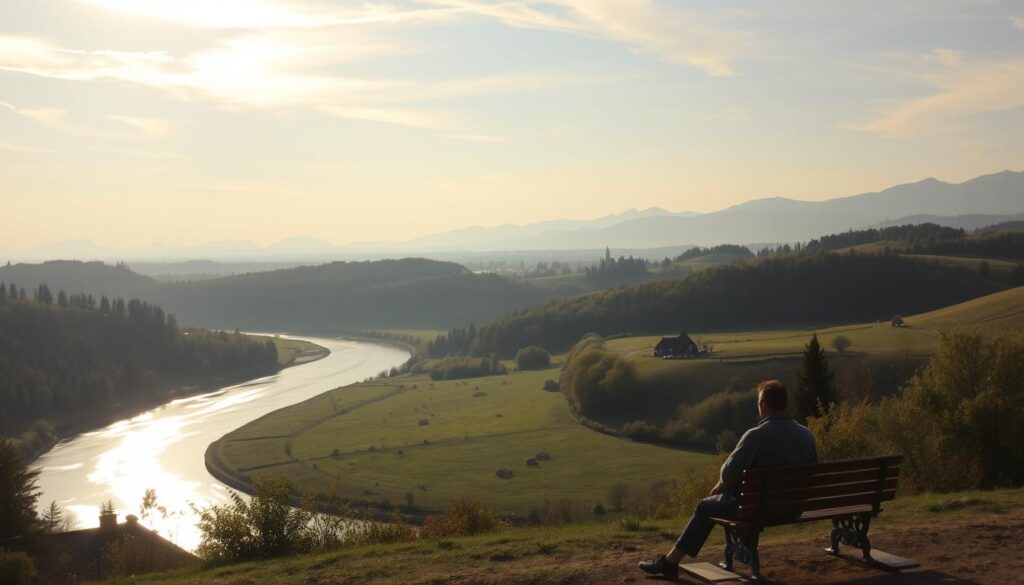 A peaceful, serene landscape with a winding river flowing through rolling hills. In the foreground, a person sitting on a bench overlooking the tranquil scene, deep in contemplation. The sky is a soft, hazy blue with wispy clouds. Warm, golden sunlight filters through the trees, casting gentle shadows. In the middle ground, lush greenery and a small, picturesque village nestled among the hills. In the distance, the horizon is dotted with silhouettes of tall, majestic mountains. The overall mood is one of quiet contemplation, inner calm, and the timeless beauty of long-term investment.