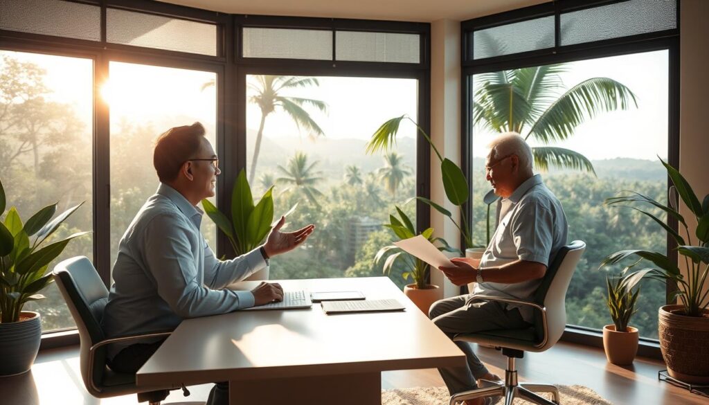 A peaceful, sun-dappled office interior where a financial advisor and retiree discuss tax planning for retirement in the Philippines. The advisor sits at a modern, minimalist desk, gesturing towards a large window overlooking a lush tropical landscape. Warm natural light filters through, casting soft shadows. The retiree, dressed in casual, comfortable attire, leans forward intently, papers in hand. Elegant potted plants and muted, earthy tones create a calming, professional ambiance. The overall scene conveys a sense of financial security, careful planning, and the beauty of retirement in the Philippines.