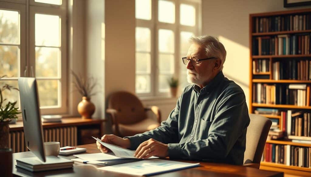 A peaceful, sun-dappled scene of a mature person sitting at a desk, contemplating financial documents and charts, their expression serene and focused. The room is warm and inviting, with soft natural light filtering through large windows, casting a golden glow. Tasteful, minimalist decor suggests an air of considered planning and longevity. In the background, a bookshelf overflows with finance, investing, and retirement planning volumes, hinting at a lifetime of diligent preparation. The overall mood is one of quiet confidence, security, and thoughtful stewardship - an image that embodies the essence of prudent pension planning and long-term financial well-being.