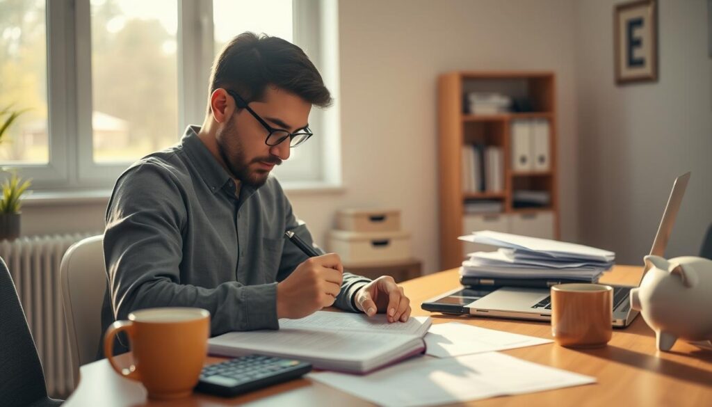 A peaceful, warm-lit scene of a person meticulously tracking their personal finances, surrounded by neatly organized documents, a calculator, and a cup of coffee. The foreground features the focused individual with a thoughtful expression, jotting down notes in a ledger. The middle ground showcases a tidy desk with a laptop, folders, and a piggy bank, conveying a sense of financial discipline. The background depicts a cozy, minimalist home office setting, with a large window allowing natural light to filter in, creating a serene and productive atmosphere.