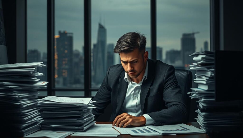 A pensive trader sits at a desk, brow furrowed in deep contemplation. The room is dimly lit, creating a somber, introspective atmosphere. Stacks of financial reports and charts surround the figure, symbolizing the complexity and uncertainty of the market. The trader's expression conveys a mix of anxiety, frustration, and the weight of decision-making. In the background, a large window offers a glimpse of the bustling city outside, a contrast to the inward-focused, emotional state of the trader. The scene aims to capture the common struggles and emotional experiences of novice investors navigating the challenges of the financial landscape.