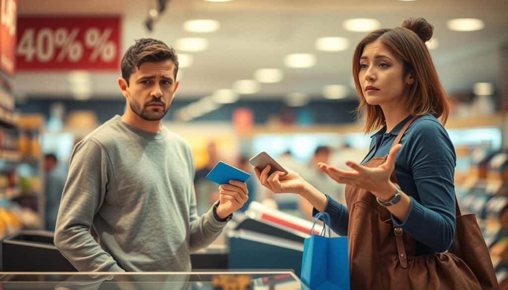 A perplexed shopper standing in front of a checkout counter, their credit card held in hand, as a store employee gestures with an apologetic expression. The scene is bathed in warm, ambient lighting, creating a sense of mild frustration and confusion. The background is blurred, focusing the viewer's attention on the central interaction. The composition is balanced, with the customer and employee positioned on opposing sides, emphasizing the unresolved situation. The overall mood conveys a minor inconvenience, hinting at the need for a solution to the malfunctioning card reader.