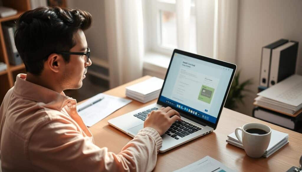 A person sitting at a desk, filling out an online credit card application form on a laptop computer. The desk is neatly organized with office supplies, a cup of coffee, and a stack of documents. The room is well-lit, with soft, natural lighting streaming in through a nearby window. The person appears focused and determined, their expression conveying the seriousness of the task at hand. The overall scene evokes a sense of productivity and the process of applying for a credit card.