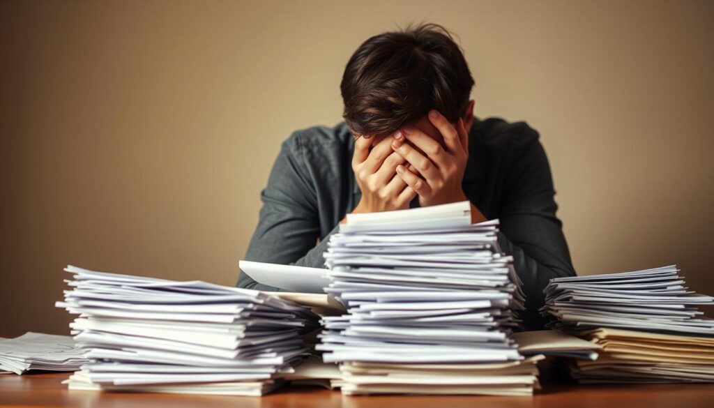 A person sitting at a desk, overwhelmed by stacks of bills and financial documents, their face buried in their hands. The background is blurred, creating a sense of isolation and pressure. Soft, warm lighting casts shadows that accentuate the tension in the subject's posture. The composition emphasizes the feeling of being weighed down by debt-related stress, with the piles of papers and invoices looming in the foreground. The overall mood is one of anxiety and emotional strain.