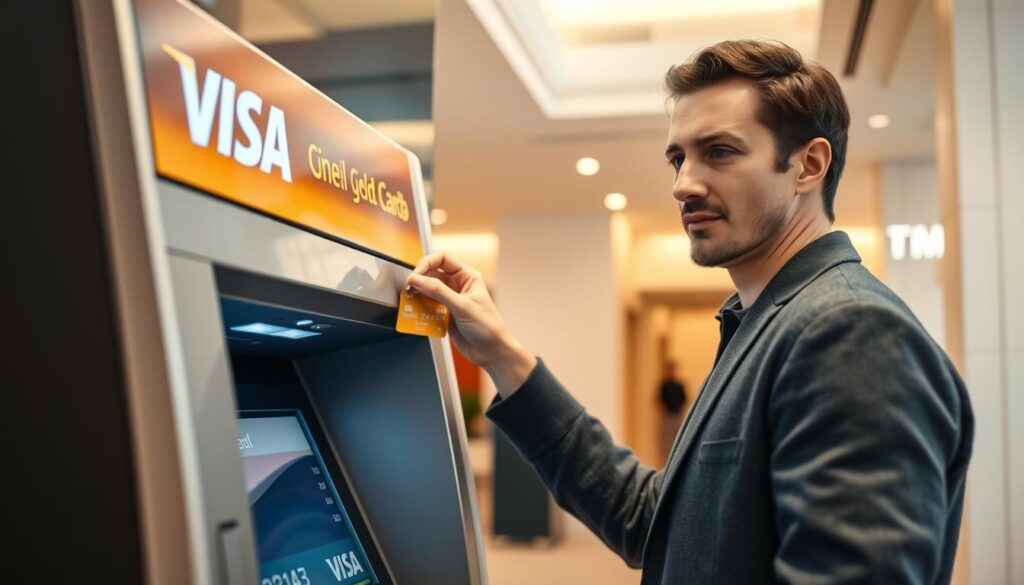 A person standing in front of a Visa Gold debit card terminal, withdrawing cash from an ATM in a modern and well-lit banking environment. The foreground shows the person's hand inserting the card into the ATM slot, with a focused expression on their face. The middle ground depicts the sleek, high-tech ATM design with clear interface elements. The background showcases the clean, minimalist interior of the bank, with tasteful decor and architectural elements that convey a sense of professionalism and reliability. Soft, diffused lighting creates a warm, welcoming atmosphere, while the overall composition emphasizes the convenience and ease of using a Visa Gold debit card for everyday cash withdrawals. A person standing in front of a Visa Gold debit card terminal, withdrawing cash from an ATM in a modern and well-lit banking environment. The foreground shows the person's hand inserting the card into the ATM slot, with a focused expression on their face. The middle ground depicts the sleek, high-tech ATM design with clear interface elements. The background showcases the clean, minimalist interior of the bank, with tasteful decor and architectural elements that convey a sense of professionalism and reliability. Soft, diffused lighting creates a warm, welcoming atmosphere, while the overall composition emphasizes the convenience and ease of using a Visa Gold debit card for everyday cash withdrawals.