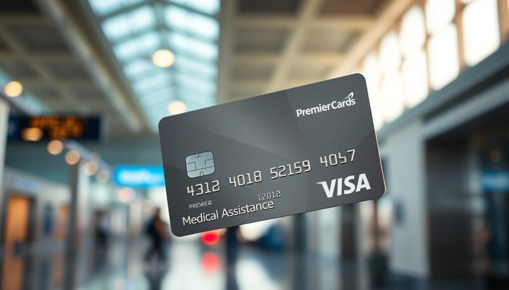 A photorealistic medical assistance Visa Premier card floating in mid-air, illuminated by soft, natural lighting and positioned against a blurred background of an international airport or hospital setting. The card's metallic surface reflects the environment, and its design elements, including the Visa logo and Premier text, are sharp and well-defined. The overall scene conveys a sense of security, reliability, and the availability of high-quality medical support for the cardholder while traveling abroad. A photorealistic medical assistance Visa Premier card floating in mid-air, illuminated by soft, natural lighting and positioned against a blurred background of an international airport or hospital setting. The card's metallic surface reflects the environment, and its design elements, including the Visa logo and Premier text, are sharp and well-defined. The overall scene conveys a sense of security, reliability, and the availability of high-quality medical support for the cardholder while traveling abroad.