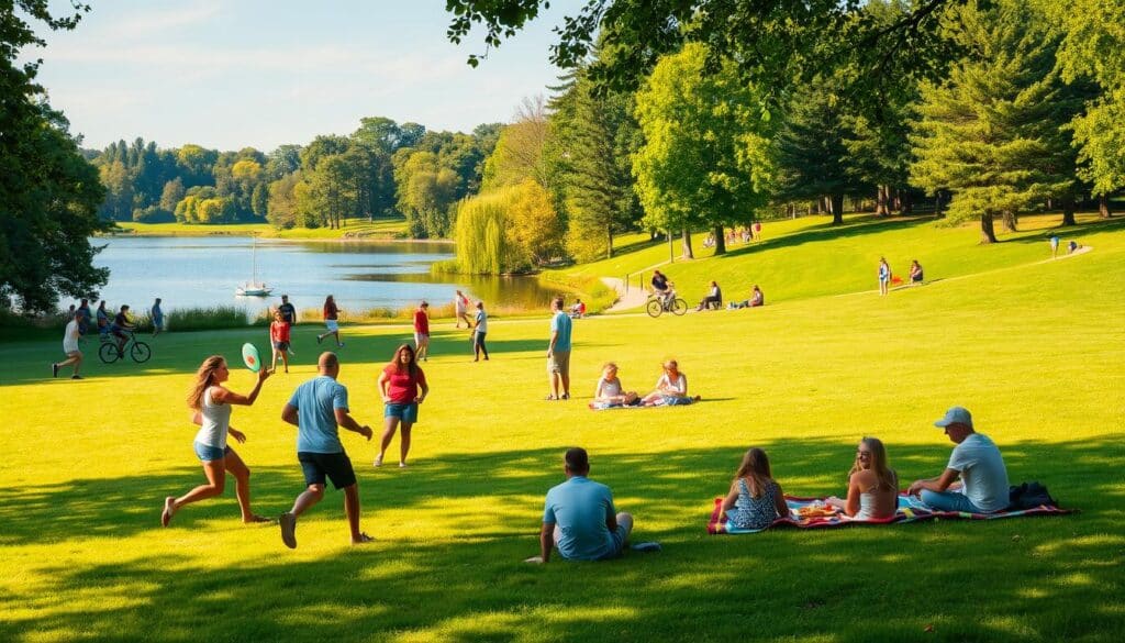 A picturesque outdoor scene of people engaged in a variety of free and low-cost leisure activities. In the foreground, a group of friends playing a lively game of frisbee on a lush, grassy field, basking in the warm, golden sunlight. In the middle ground, a family relaxing on a colorful picnic blanket, sharing a simple meal and enjoying the tranquil ambiance. In the background, a serene lake surrounded by verdant trees, with people casually strolling, cycling, or fishing along the shoreline. The overall atmosphere exudes a sense of joyful, carefree simplicity, perfectly capturing the essence of affordable, accessible entertainment.