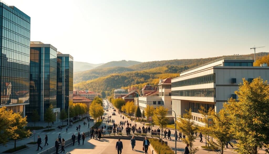 A picturesque scene depicting the vibrant business landscape of Bulgaria. In the foreground, a group of modern, glass-clad office buildings stand tall, their sleek and contemporary design reflecting the country's progressive economic development. In the middle ground, bustling streets are filled with professionals hurrying to and fro, conveying a sense of dynamic entrepreneurial energy. The background showcases the country's natural beauty, with rolling hills and lush greenery forming a verdant backdrop, symbolizing the fertile environment for business growth. Warm, golden lighting bathes the entire scene, creating a welcoming and prosperous atmosphere. The overall composition conveys Bulgaria's thriving business climate and the promising future of its entrepreneurial spirit.