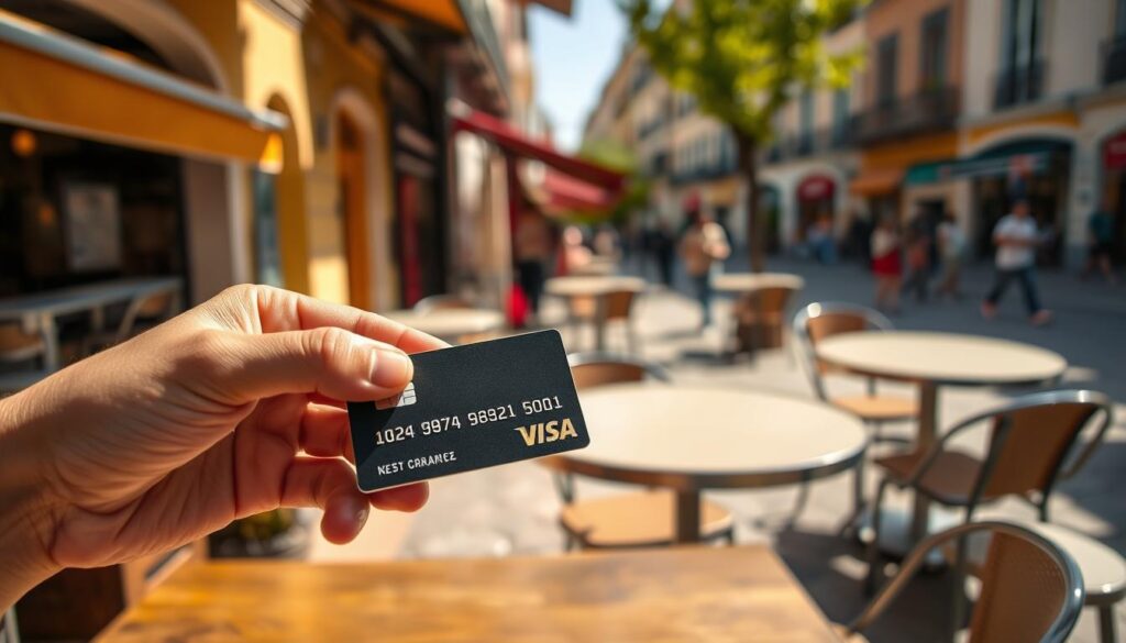 A picturesque scene of a person using a Norwegian credit card at an outdoor cafe in Spain. The foreground shows a hand holding the credit card, with a table and chairs in the middle ground and a lively street scene in the background. Warm, natural lighting illuminates the scene, creating a relaxed, inviting atmosphere. The camera angle is slightly elevated, capturing the entire transaction process. The image conveys the ease and convenience of using a Norwegian credit card for purchases while traveling in Spain, without the burden of foreign transaction fees.