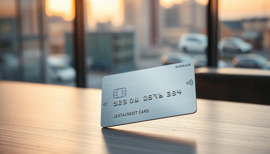 A polished steel credit card rests on a sleek, minimalist table, its surface reflecting the soft, warm lighting overhead. The card's metallic sheen stands out against the muted, natural-toned wood, conveying a sense of premium quality and understated sophistication. In the background, a blurred cityscape hints at the card's versatility and utility in modern, urban life. The composition is balanced, clean, and inviting, seamlessly blending form and function to showcase the "bästa bankkort Sverige" - the best credit card in Sweden.