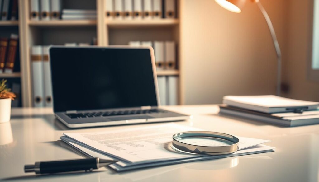 A pristine desk illuminated by soft, warm lighting, showcasing a laptop, a pen, and a stack of documents. In the foreground, a magnifying glass rests on top of a document, inviting closer inspection. The background features a bookshelf, its shelves neatly arranged with financial records and legal documents. The overall scene conveys a sense of focused attention, diligence, and the importance of maintaining a careful review of one's credit report in Serbia.