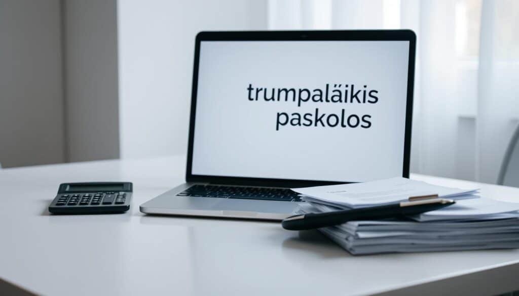 A pristine desktop with a laptop, calculator, and stack of documents, all neatly arranged. The laptop's screen displays the phrase "trumpalaikės paskolos" in a clean, modern font. Soft, diffused lighting from a nearby window creates a professional, office-like atmosphere. The scene conveys a sense of efficiency, organization, and financial responsibility, reflecting the reliable and accessible nature of short-term loans in Lithuania.