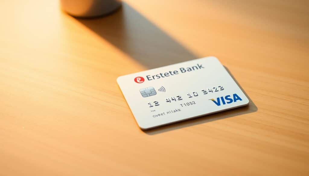 A pristine white Erste Bank Smartcard Visa card lying on a clean, minimalist wooden desk, illuminated by warm, diffused lighting. The card's sleek, modern design is showcased, with the Erste Bank and Visa logos prominently displayed. The card is placed at a slight angle, casting a subtle shadow that adds depth and dimension to the scene. The background is blurred, creating a sense of focus on the central subject. The overall mood is one of sophistication, simplicity, and the allure of a premium banking experience. A pristine white Erste Bank Smartcard Visa card lying on a clean, minimalist wooden desk, illuminated by warm, diffused lighting. The card's sleek, modern design is showcased, with the Erste Bank and Visa logos prominently displayed. The card is placed at a slight angle, casting a subtle shadow that adds depth and dimension to the scene. The background is blurred, creating a sense of focus on the central subject. The overall mood is one of sophistication, simplicity, and the allure of a premium banking experience.