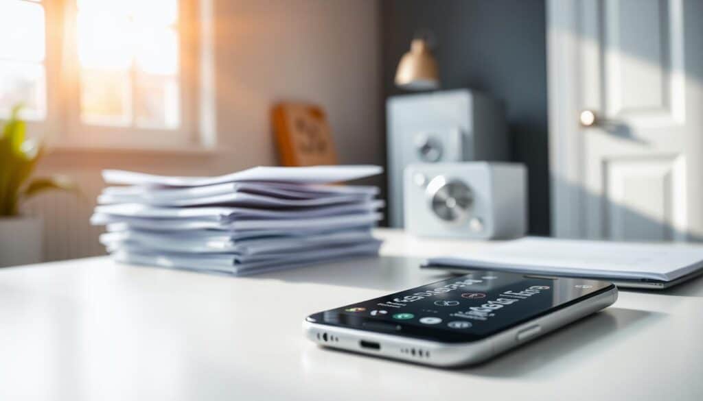 A pristine white-collar office desk with a stack of personal documents, a security lock, and a digital safe in the background. Bright, natural lighting streams through large windows, casting a warm glow over the scene. In the foreground, a sleek, modern smartphone rests on the desk, its screen displaying security notification icons. The overall atmosphere conveys a sense of professionalism, privacy, and the importance of safeguarding one's personal identity and sensitive information.