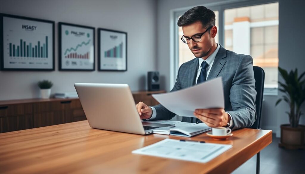 A pristine wooden desk, its surface polished to a gleam, serves as the centerpiece of a minimalist home office. On the desk, a sleek laptop and a neatly organized stack of documents sit alongside a cup of steaming coffee. The walls are adorned with framed financial charts and graphs, casting a warm, analytical glow over the space. Soft, diffused lighting from a large window illuminates the scene, creating a sense of focus and productivity. In the foreground, a man in a crisp, tailored suit reviews his credit report, his expression a blend of concentration and determination as he carefully monitors his credit score and manages his financial well-being.