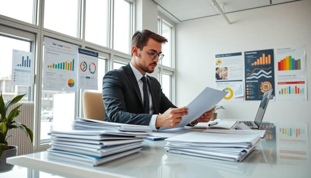 A professional accountant studying financial documents and tax forms in a well-lit, modern office. The room has clean lines, a minimalist design, and large windows that let in natural light. The accountant is wearing a tailored suit and sits at a sleek desk, surrounded by stacks of paperwork and a laptop. On the walls, there are colorful infographics and diagrams related to personal tax planning and investment strategies. The overall atmosphere is one of focus, efficiency, and attention to detail - reflecting the careful consideration required for effective tax planning.