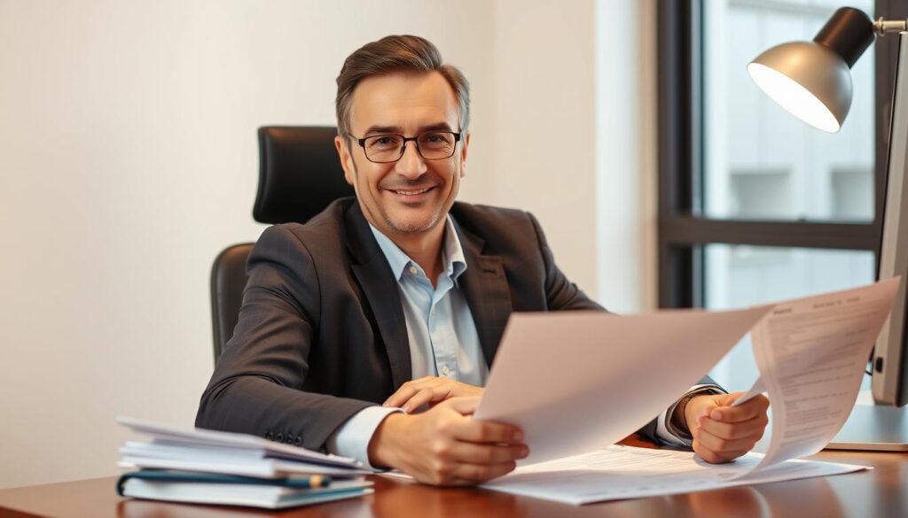 A professional and trustworthy lender sitting at a desk, surrounded by financial documents, a computer, and a phone. The lighting is warm and inviting, creating a sense of reliability and expertise. The lender's expression is calm and reassuring, conveying a deep understanding of the customer's financial needs. The background is clean and minimalist, allowing the lender to be the focal point. The overall atmosphere is one of professionalism, diligence, and a commitment to providing a positive lending experience.