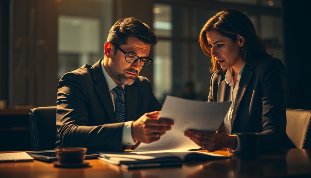 A professional business person sitting at a desk, engaging in a negotiation with a financial advisor over the terms of a credit card agreement. The scene is lit by warm, focused lighting, creating a sense of intensity and high-stakes decision-making. The background is blurred, emphasizing the two individuals and the documents they are reviewing. The expressions on their faces convey a mix of concern and determination as they carefully consider the details of the credit card interest rates and fees. The overall atmosphere is one of serious, thoughtful discussion as they work to find a mutually beneficial resolution.