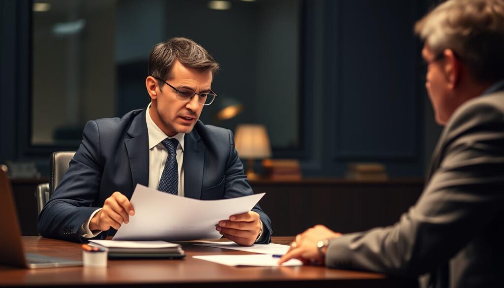 A professional businessperson in a suit sitting at a desk, deep in negotiation with a creditor. The lighting is soft and warm, creating an atmosphere of thoughtful discussion. The background is blurred, keeping the focus on the two figures as they review documents and converse intensely, seeking to find a mutually beneficial resolution to the debt. The composition is balanced, with a sense of tension and deliberation, capturing the gravity of the debt negotiation process.