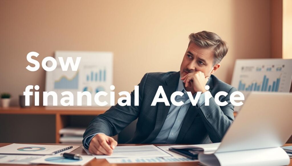 A professional financial advisor sitting at a desk, surrounded by charts, graphs, and financial documents, deep in thought. The lighting is warm and focused, creating a contemplative atmosphere. The advisor's expression conveys expertise and a desire to provide thoughtful guidance. The background is subtly blurred, placing the emphasis on the advisor's attentive, analytical demeanor. The overall scene evokes a sense of trust, professionalism, and the importance of seeking personalized financial advice.