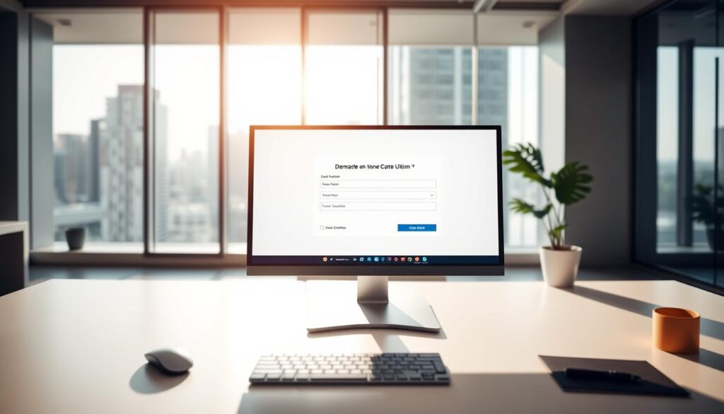 A professional online banking interface with a sleek, modern design. In the foreground, a desktop computer screen displays the "Demande en ligne Carte Ultim" form, with clean typography and intuitive UI elements. The middle ground features a minimalist desk setup, including a mouse, keyboard, and tasteful decor. The background depicts a bright, airy office space with large windows overlooking a bustling cityscape. Warm, natural lighting filters through, creating a sense of professionalism and efficiency. The overall atmosphere conveys the seamless, straightforward process of applying for the Carte Ultim card online.