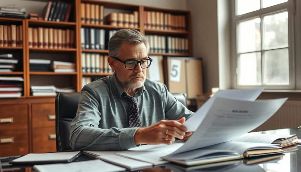 A professional tax advisor sitting at a desk, intently studying financial documents and ledgers. The office setting is warm and inviting, with natural lighting filtering in through large windows. The advisor's expression is focused and pensive, conveying the gravity and importance of their work. In the background, shelves of reference books and filing cabinets suggest the wealth of knowledge and experience they bring to the task. The overall mood is one of trust, competence, and a dedication to helping clients achieve their financial goals through meticulous tax planning.