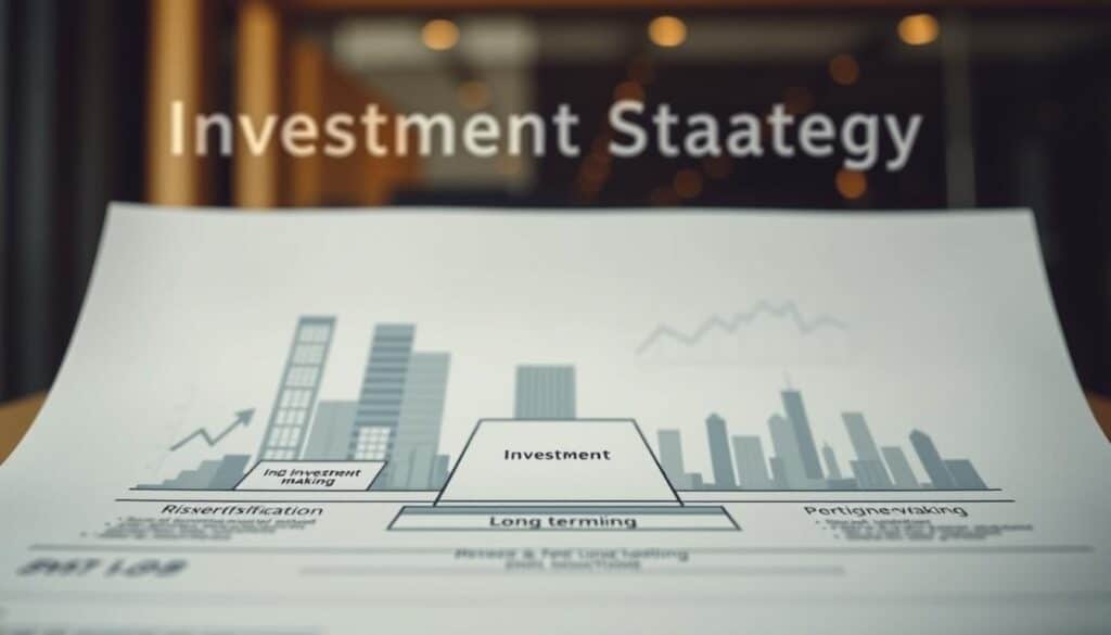 A professional, well-crafted investment strategy blueprint, rendered in a sleek, modern style. In the foreground, a minimalist diagram showcases key investment pillars - diversification, risk management, and long-term growth. The middle ground features stylized financial charts and graphs, conveying data-driven decision making. The background subtly depicts a cityscape, symbolizing the complex, ever-evolving landscape of investments. Warm, directional lighting casts a contemplative mood, while a shallow depth of field focuses the viewer's attention on the core elements of a robust investment strategy.