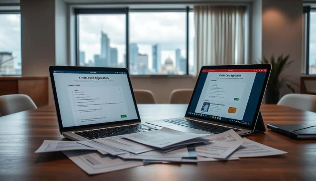 A professional, well-lit office setting with an open laptop and scattered paperwork on a wooden desk, showcasing the credit card application process in the Philippines. Subtle lighting from above illuminates the documents, creating a warm, inviting atmosphere. The laptop's screen displays a digital form, guiding the applicant through the various steps of the credit card application. In the background, a window offers a glimpse of a bustling city skyline, symbolizing the financial opportunities available. The overall scene conveys a sense of efficiency, clarity, and the user-friendly nature of the credit card application experience. A professional, well-lit office setting with an open laptop and scattered paperwork on a wooden desk, showcasing the credit card application process in the Philippines. Subtle lighting from above illuminates the documents, creating a warm, inviting atmosphere. The laptop's screen displays a digital form, guiding the applicant through the various steps of the credit card application. In the background, a window offers a glimpse of a bustling city skyline, symbolizing the financial opportunities available. The overall scene conveys a sense of efficiency, clarity, and the user-friendly nature of the credit card application experience.