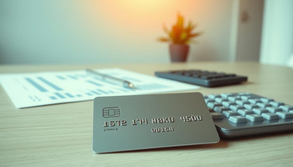 A refined and modern credit card refinance scene. In the foreground, a pristine credit card with a sleek metallic finish reflects the warm, directional lighting from above. The middle ground showcases financial documents and a calculator, symbolizing the process of reviewing and optimizing credit terms. In the background, a minimalist office setting with clean lines and muted tones creates a professional, business-like atmosphere. The overall mood is one of sophistication, efficiency, and financial empowerment, capturing the essence of credit card refinancing as a strategic tool to manage expenses.