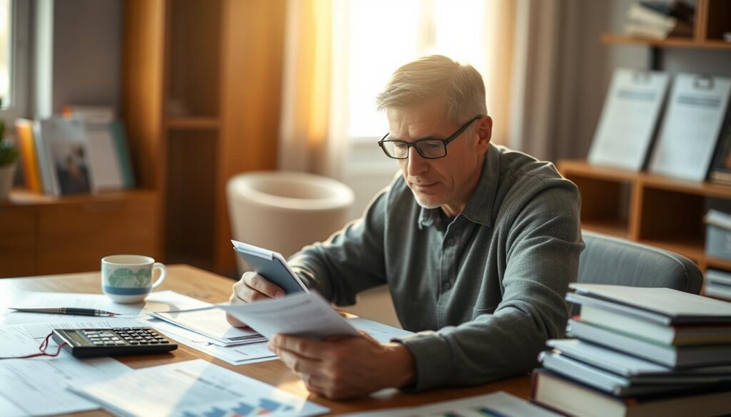 A responsible credit card user sitting at a well-organized desk, surrounded by financial documents, a calculator, and a cup of coffee. The user has a focused expression, carefully reviewing monthly statements and considering their spending choices. The scene is illuminated by natural light filtering through a window, creating a warm, contemplative atmosphere. The background blurs softly, directing attention to the user's diligent financial management. The overall composition conveys a sense of financial responsibility and mindfulness. A responsible credit card user sitting at a well-organized desk, surrounded by financial documents, a calculator, and a cup of coffee. The user has a focused expression, carefully reviewing monthly statements and considering their spending choices. The scene is illuminated by natural light filtering through a window, creating a warm, contemplative atmosphere. The background blurs softly, directing attention to the user's diligent financial management. The overall composition conveys a sense of financial responsibility and mindfulness.