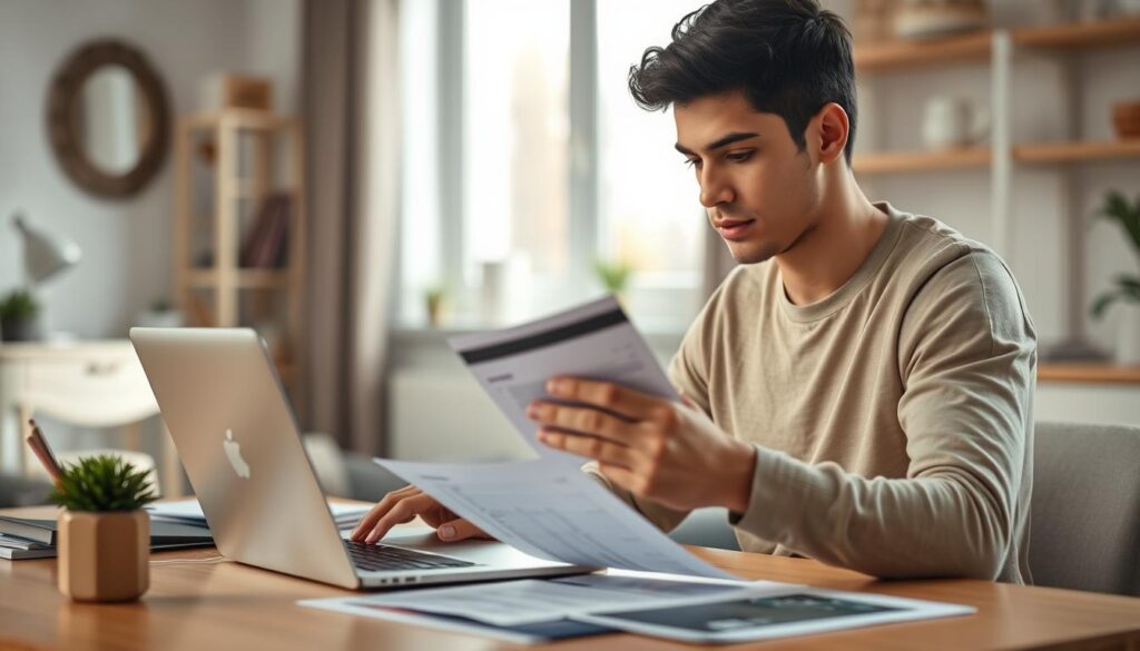 A responsible young adult carefully reviewing their credit card statements, analyzing their spending habits and planning a budget to avoid unnecessary debt. The scene is set in a well-lit, modern home office with a clean, minimalist aesthetic. Soft, natural lighting from a window illuminates the desk, where the person is concentrating intently on their laptop and financial documents. The background features subtle, blurred household elements that convey a sense of domestic tranquility. The mood is one of thoughtfulness, responsibility, and financial prudence. A responsible young adult carefully reviewing their credit card statements, analyzing their spending habits and planning a budget to avoid unnecessary debt. The scene is set in a well-lit, modern home office with a clean, minimalist aesthetic. Soft, natural lighting from a window illuminates the desk, where the person is concentrating intently on their laptop and financial documents. The background features subtle, blurred household elements that convey a sense of domestic tranquility. The mood is one of thoughtfulness, responsibility, and financial prudence.